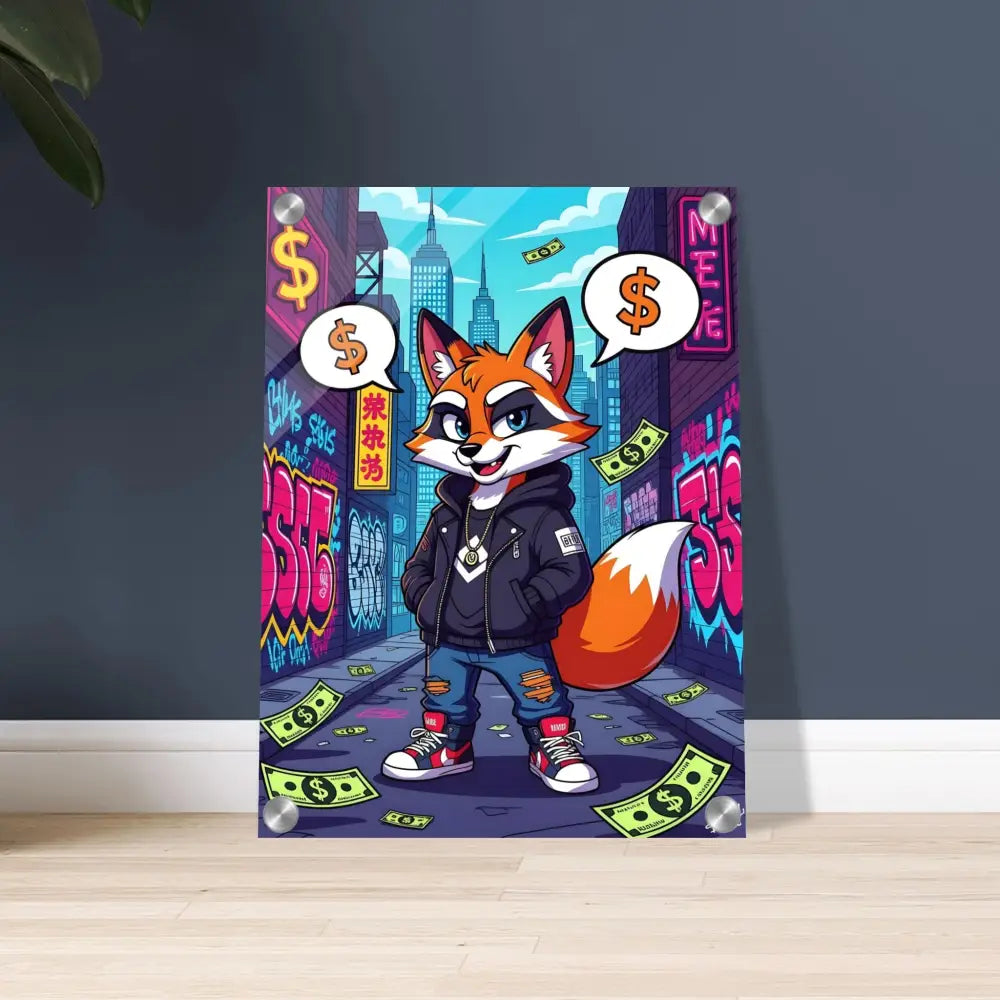 Cartoon fox art print on Acrylic Print Street Hustle Fox PixiOnyx Clear Style