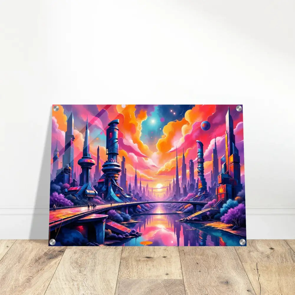 Vibrant futuristic skyline erupts in PixiOnyx Utopian Depthscape acrylic art print