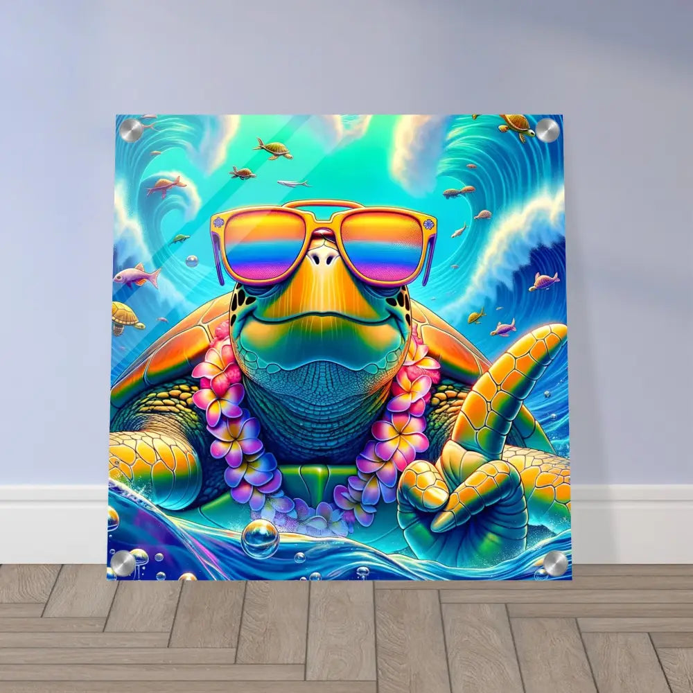 Vibrant turtle art with sunglasses and lei on Acrylic Print Turtle-y Misunderstood Bro PixiOnyx