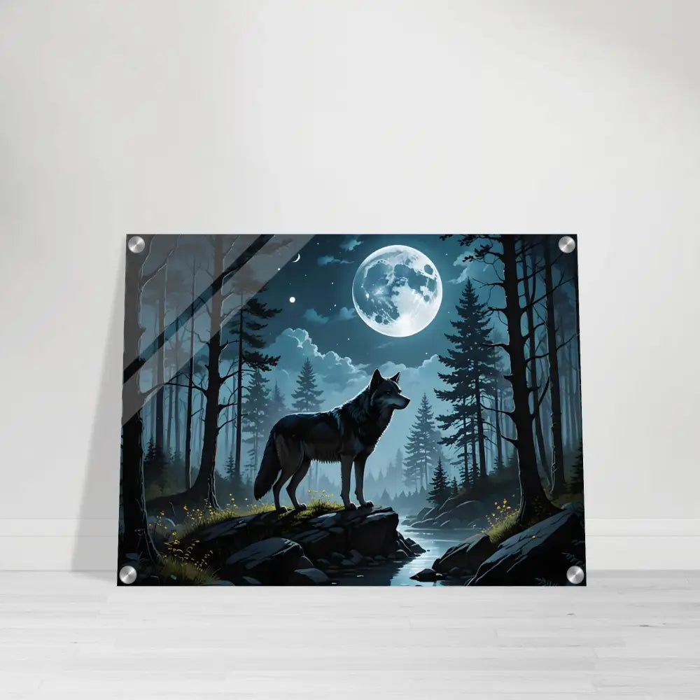 Acrylic print of a wolf under moonlight in the Wolf Moon Reverie design by PixiOnyx