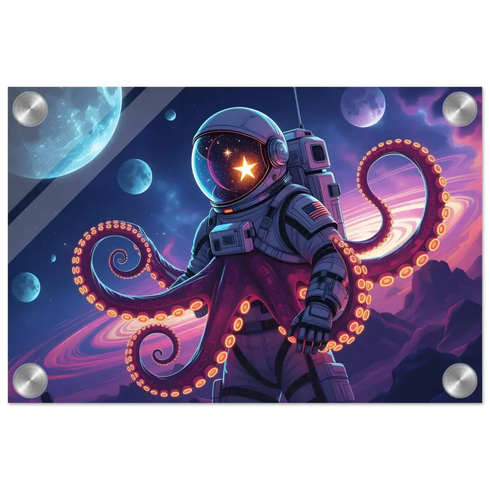 Astronaut with octopus tentacles in space on Acrylic Space Octonaut Panel by PixiOnyx