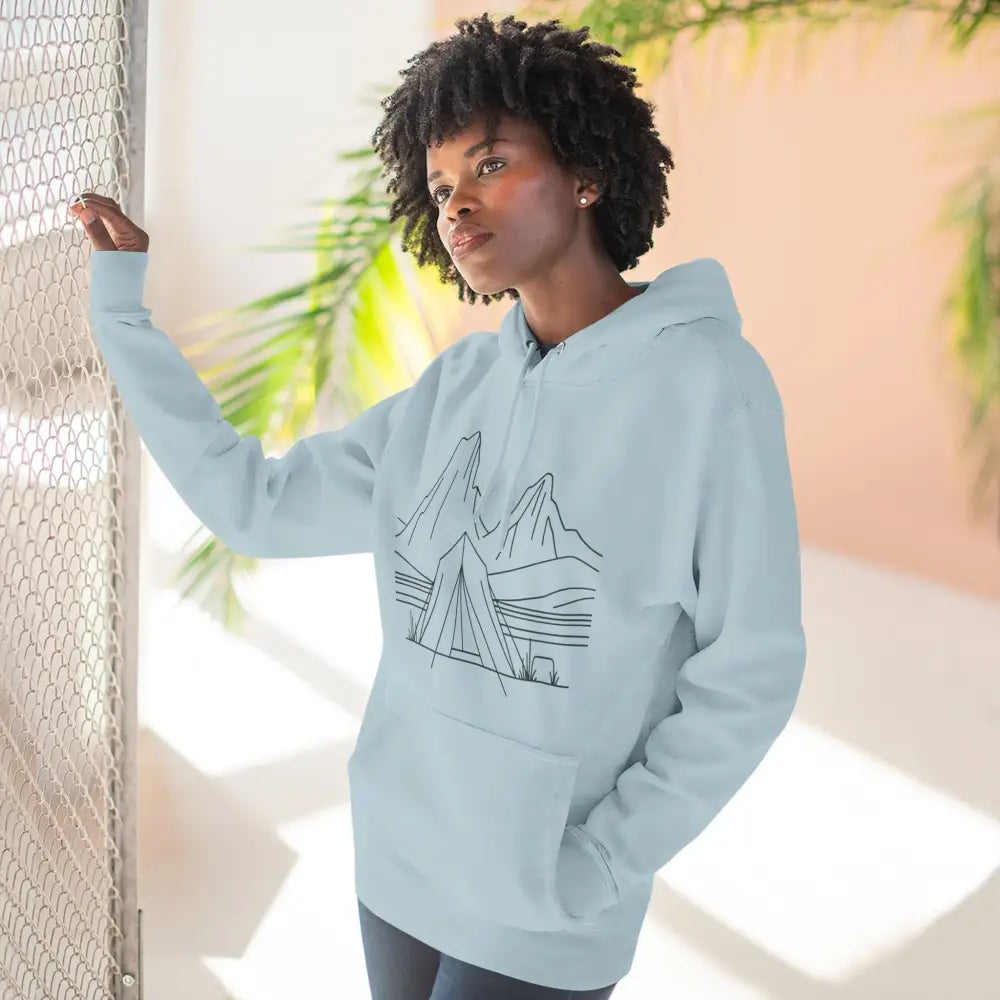 Light blue unisex hoodie with mountain and tent graphic, luxurious fleece, spacious kangaroo pocket