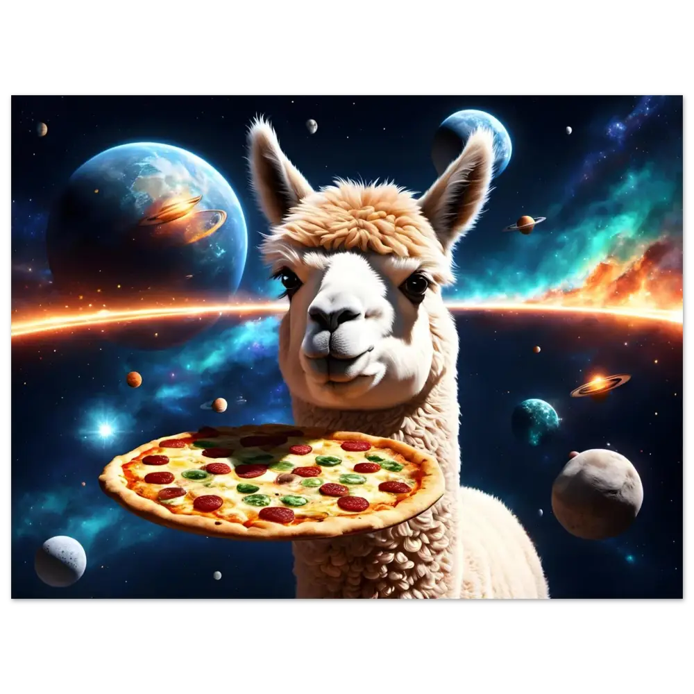 Llama holding pepperoni pizza on Alpaca Pizza Aluminum Print Starlight Slice Drop