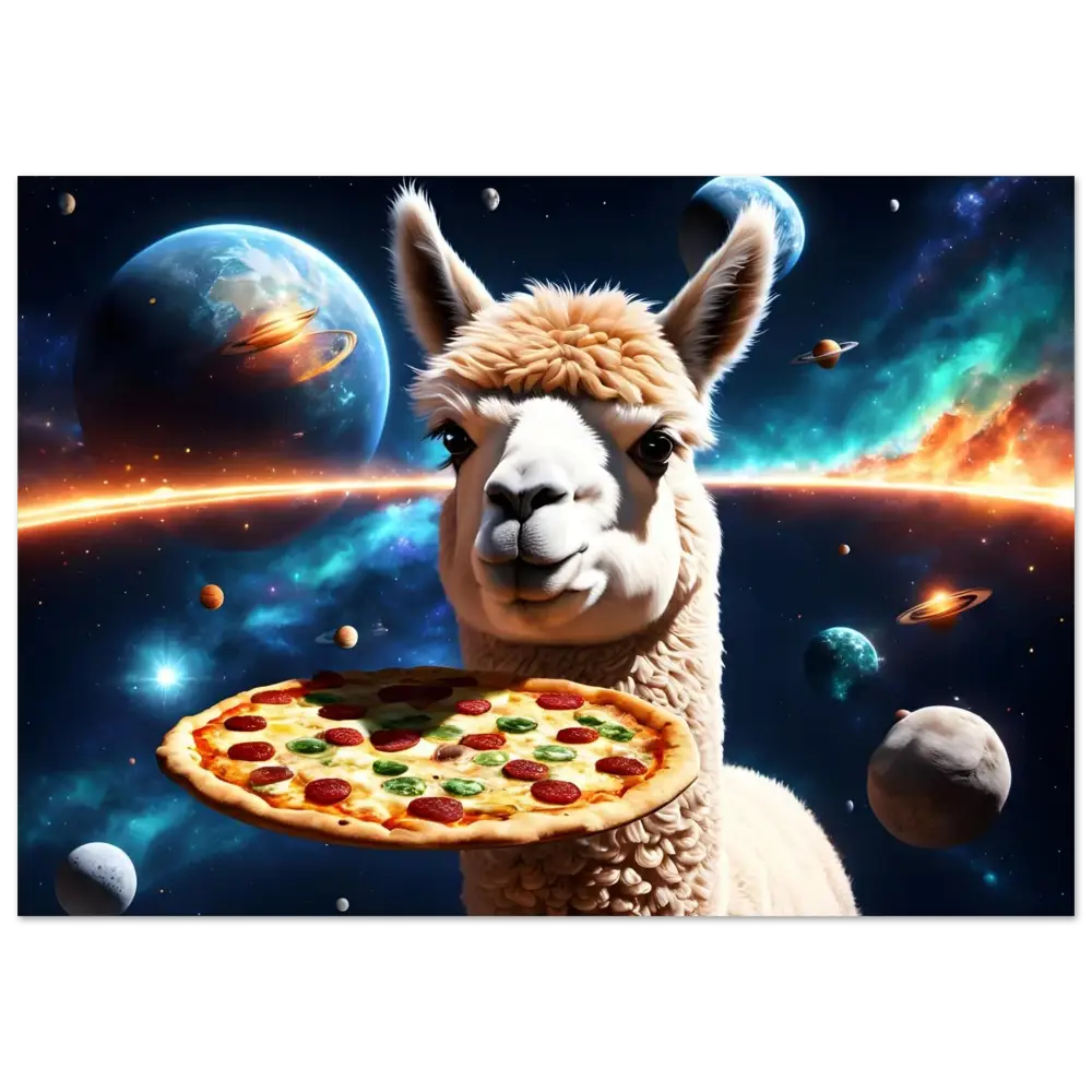 Llama holding pizza on Alpaca Pizza Poster Galactic Crust Crusade by PixiOnyx Fine Art Print