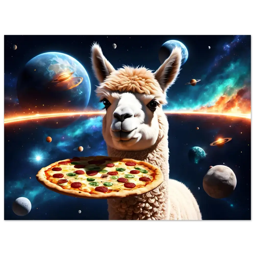 Llama holding pepperoni pizza on Alpaca Pizza Poster Galactic Crust Crusade Fine Art Print