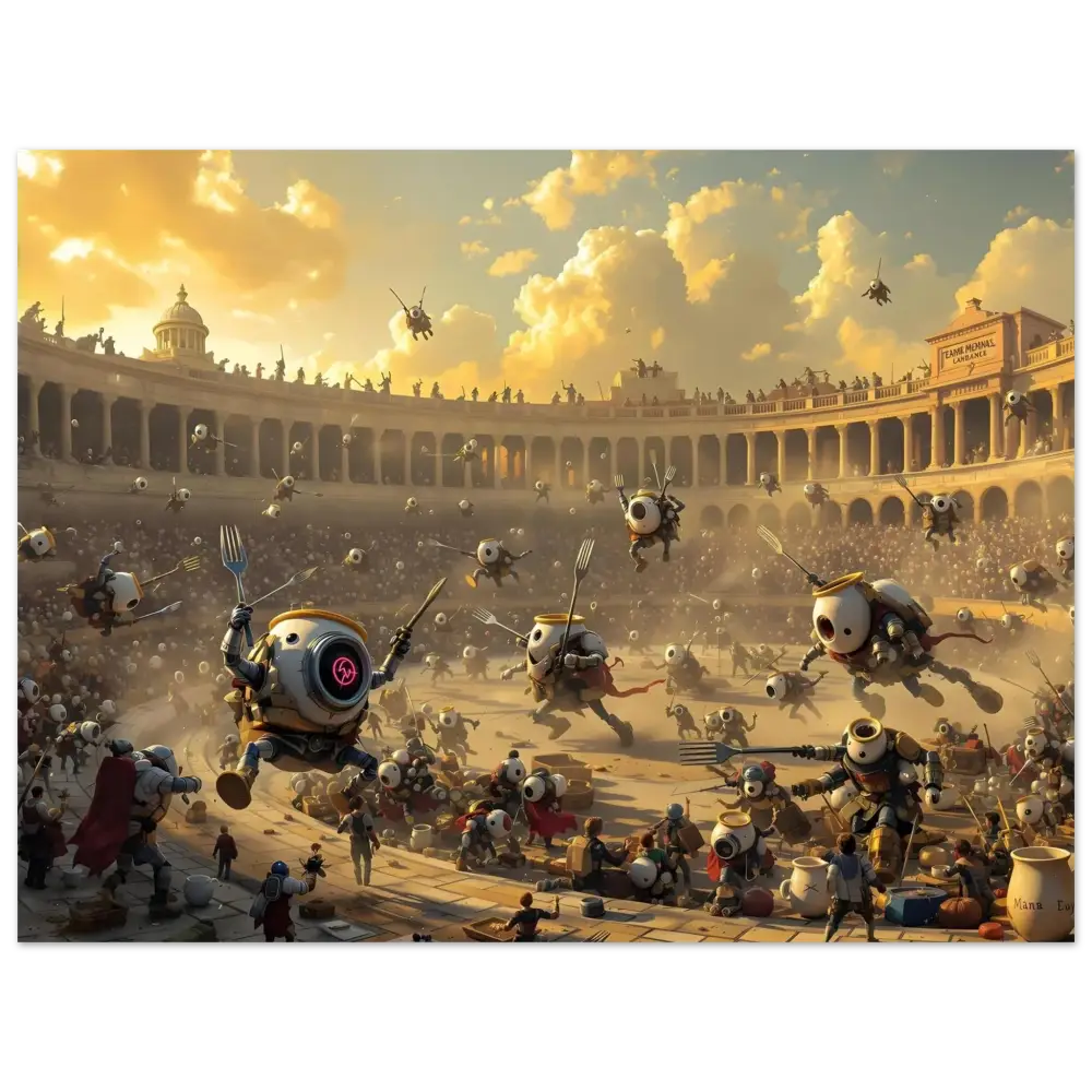 Robotic food fight in Aluminum Bot Arena Print Battle of the Breakfast Bots PixiOnyx