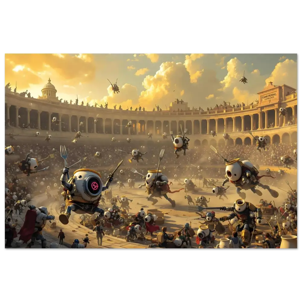 Robotic food fight featuring Breakfast Bots in the Aluminum Bot Arena PixiOnyx Print