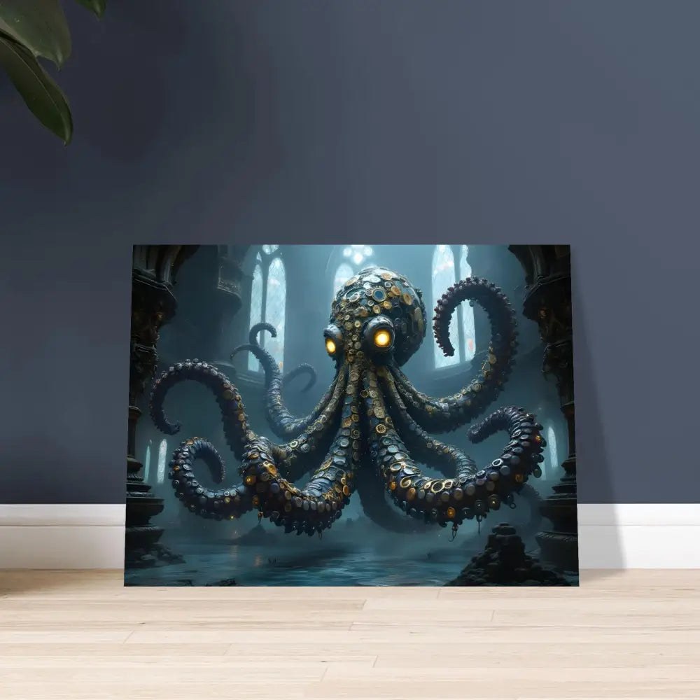 Steampunk-style octopus artwork on Aluminum Clocktopus Print titled Deep Sea Mechanica by PixiOnyx
