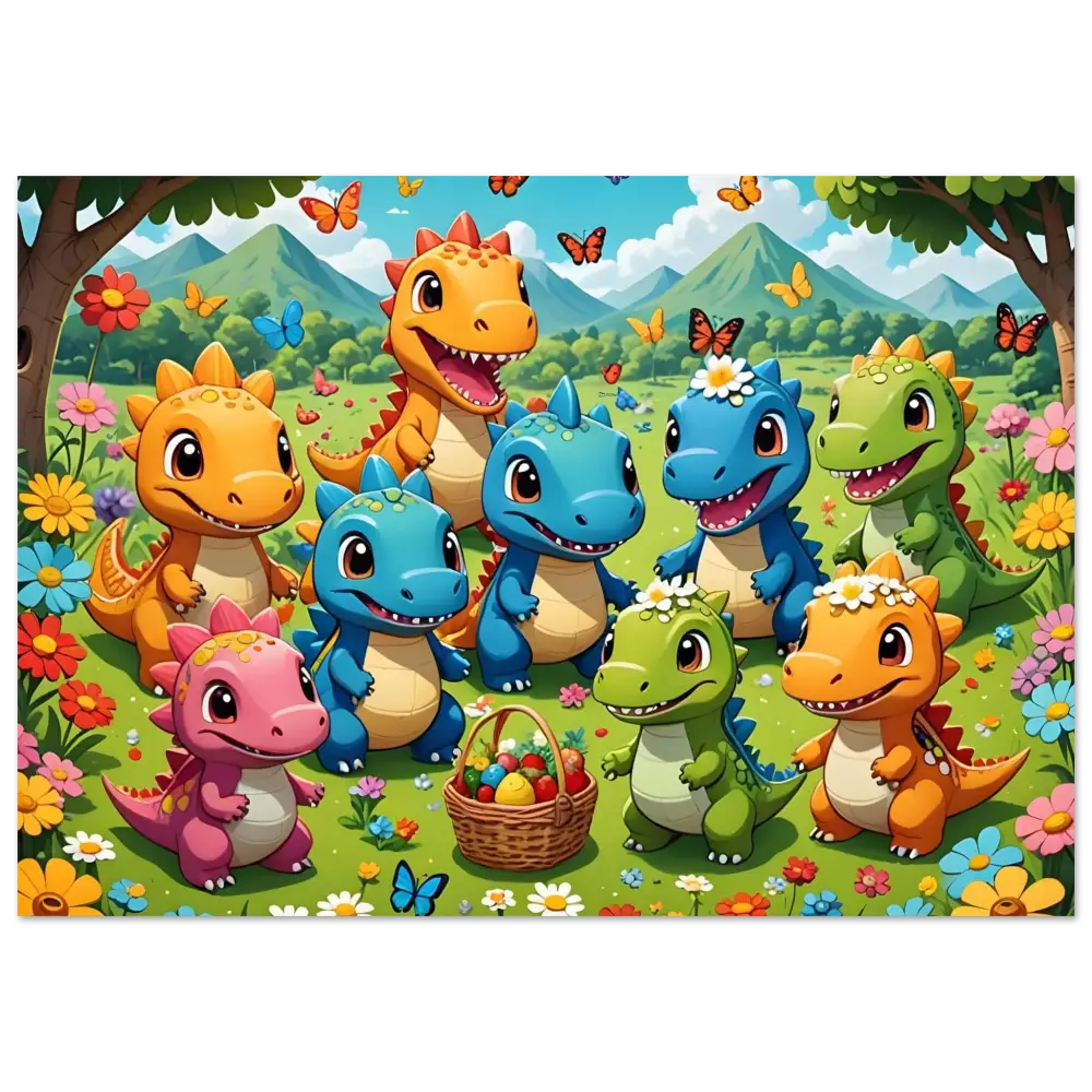 Cartoon dinosaurs with Easter basket on Aluminum Dino Delight Kawaii Jurassic Joy Metal Print