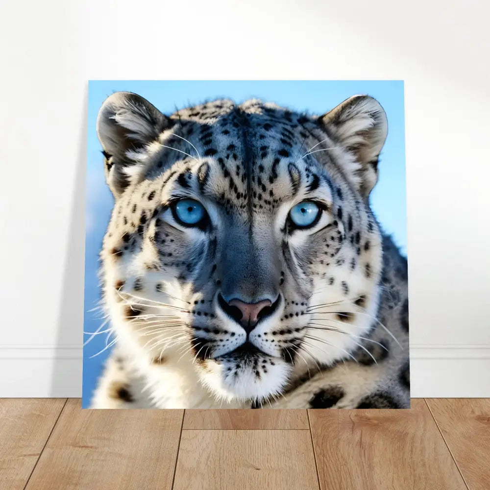 Snow leopard face art on Aluminum Leopard Print Glacier Gaze PixiOnyx Metal Predator Panel