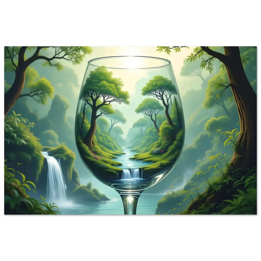 Wine glass with lush forest landscape in aluminum nature print Surreal Forest PixiOnyx