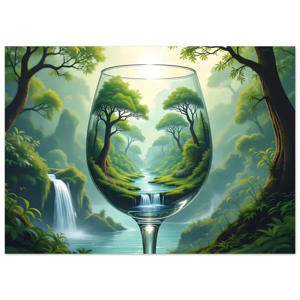 Wine glass with lush Forest landscape reflecting surreal world in PixiOnyx Aluminum Nature Print