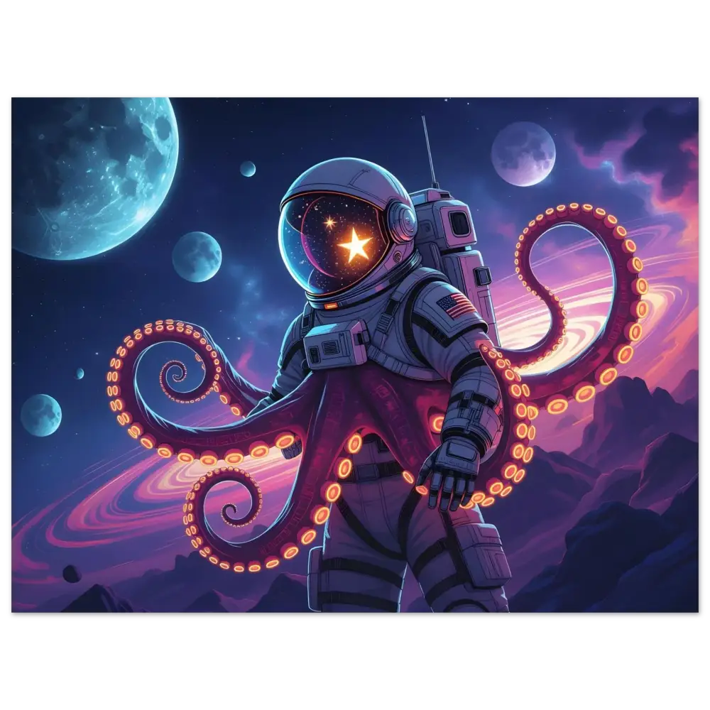 Astronaut with octopus tentacles on Neon Tentacle Voyager Aluminum Print by PixiOnyx