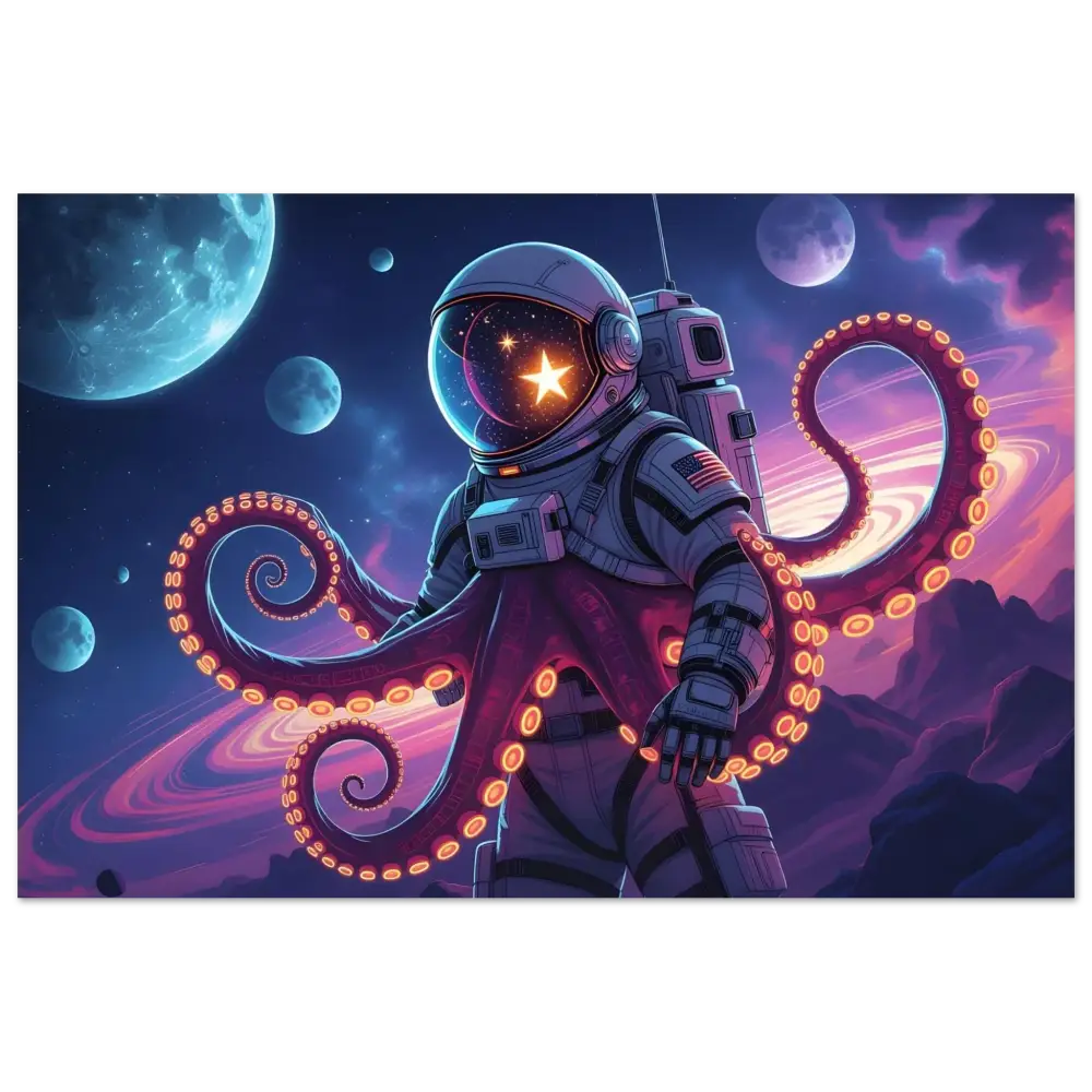 Astronaut with neon octopus tentacles displayed on Aluminum Octonaut Aluminum Print