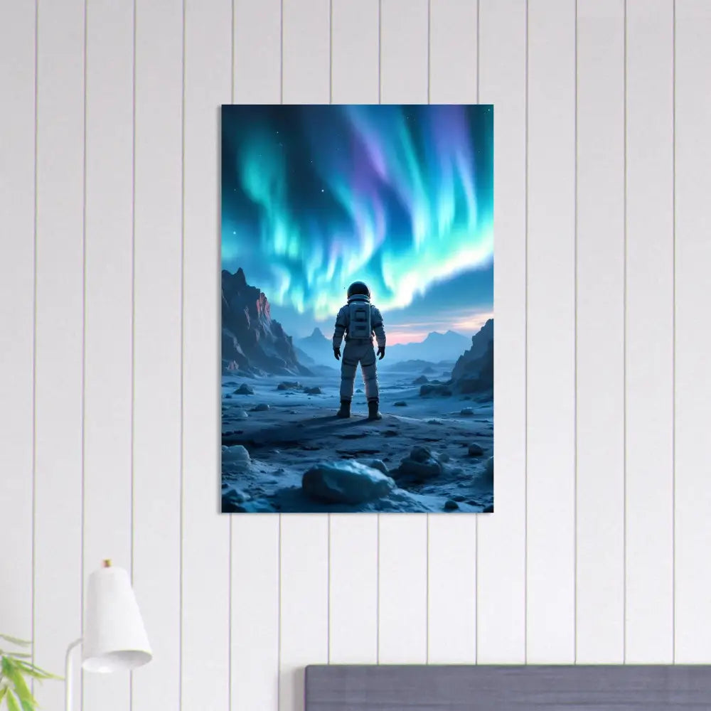 Aluminum art print of an astronaut under Aurora Borealis in PixiOnyx Apex Stargaze Series