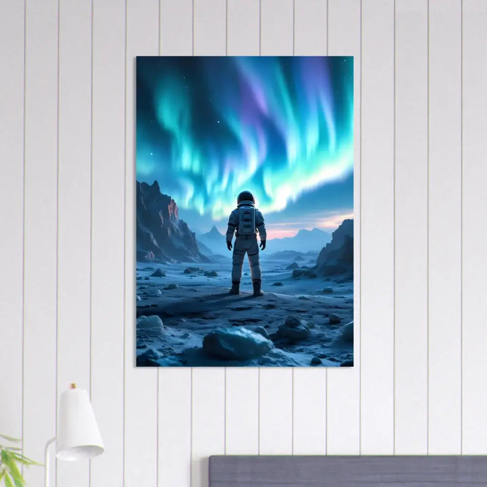 Astronaut under Aurora Borealis art print on aluminum in PixiOnyx Apex Stargaze Series