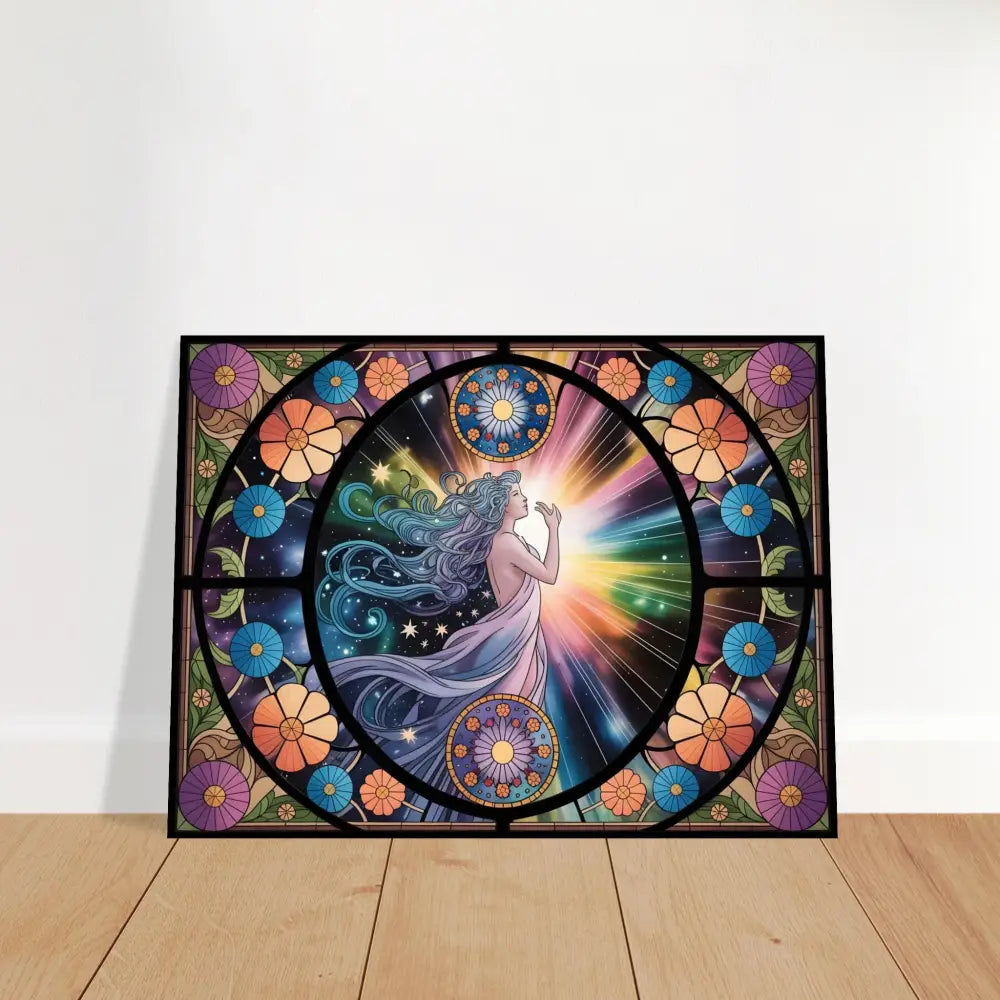 Framed stained-glass-style celestial bloom artwork on Aluminum Print PixiOnyx Luminous Metal