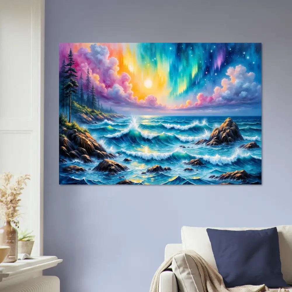 Vibrant celestial tide aurora metal wall art depicting a stormy ocean scene