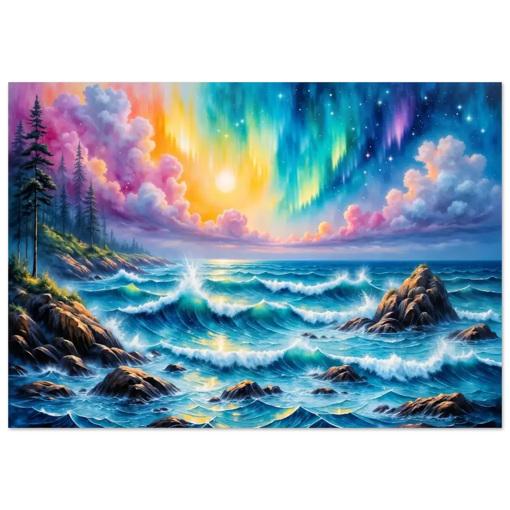 Vibrant coastal landscape aluminum print featuring aurora borealis sky celestial tide aurora metal wall art