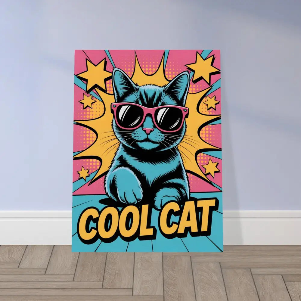 Vibrant pop art blue cat aluminum print with pink sunglasses in PixiOnyx Metallic Meow style
