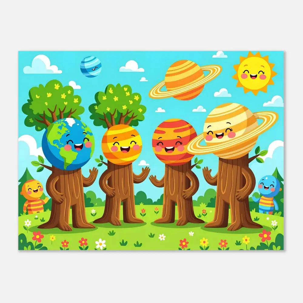 Cartoon planet characters in a grassy field view for Aluminum Print Cosmic Tree Friends PixiOnyx