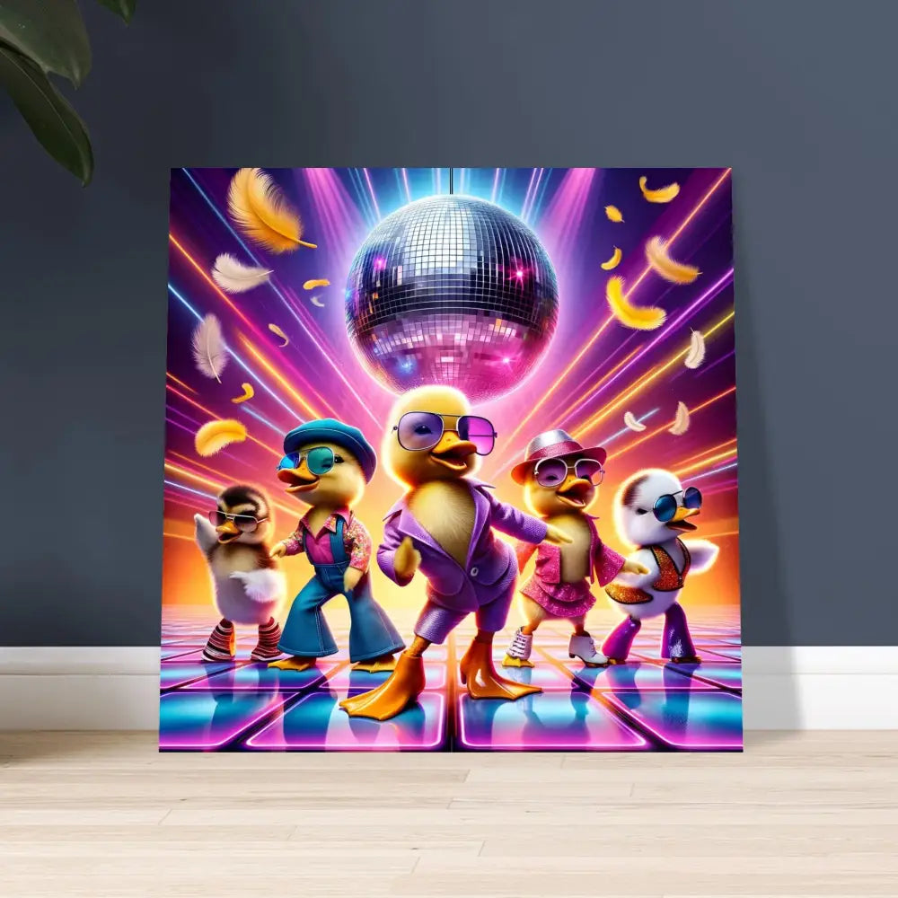 Disco Duck art print on Aluminum Print – Disco Ducklings by PixiOnyx Retro Absurdist Display