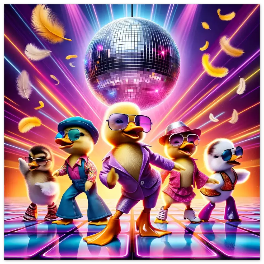 Disco-dancing ducklings aluminum print displayed in PixiOnyx Retro Absurdist Display