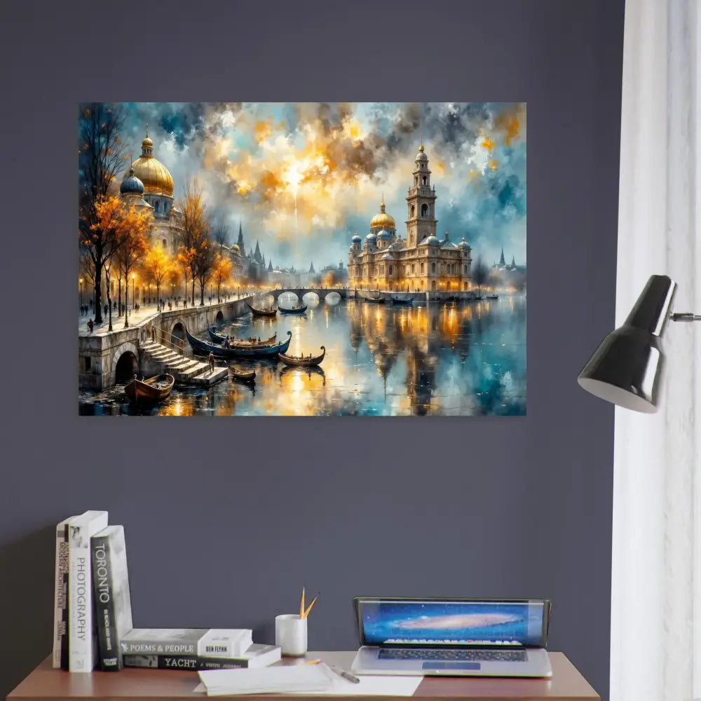 Aluminum Print showcasing a radiant riverside fantasy with golden-domed buildings under a colorful sky, embodying elegance meets innovation and PixiOnyx Chromatic Brilliance