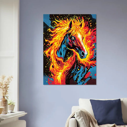 Vibrant pop art aluminum print of a surreal horse aflame on luminous metallic display