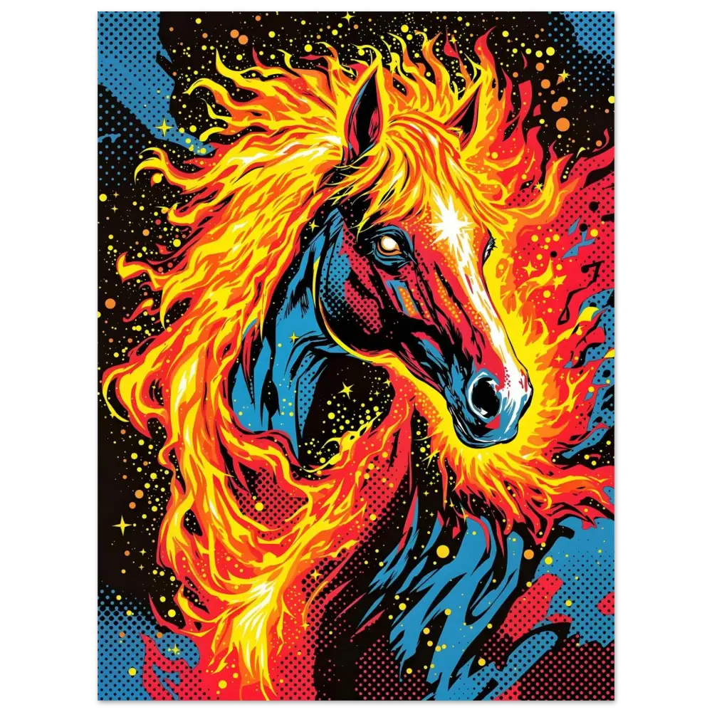 Vibrantly colored surreal horse aflame with fiery mane on luminous metallic display aluminum print