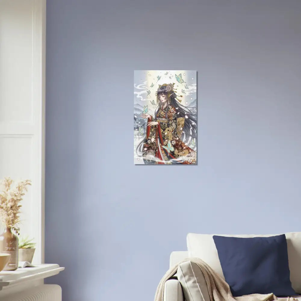 Anime-style wall art featuring an ethereal kimono maiden on durable aluminum panels with vibrant color infusion