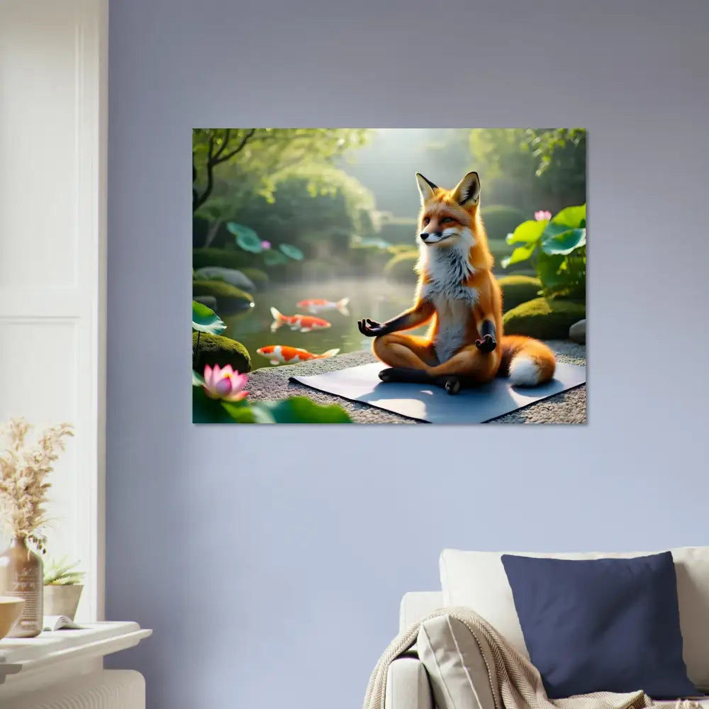 Framed Fox meditating by pond on Aluminum Print Foxasana PixiOnyx Mirror Calm Series