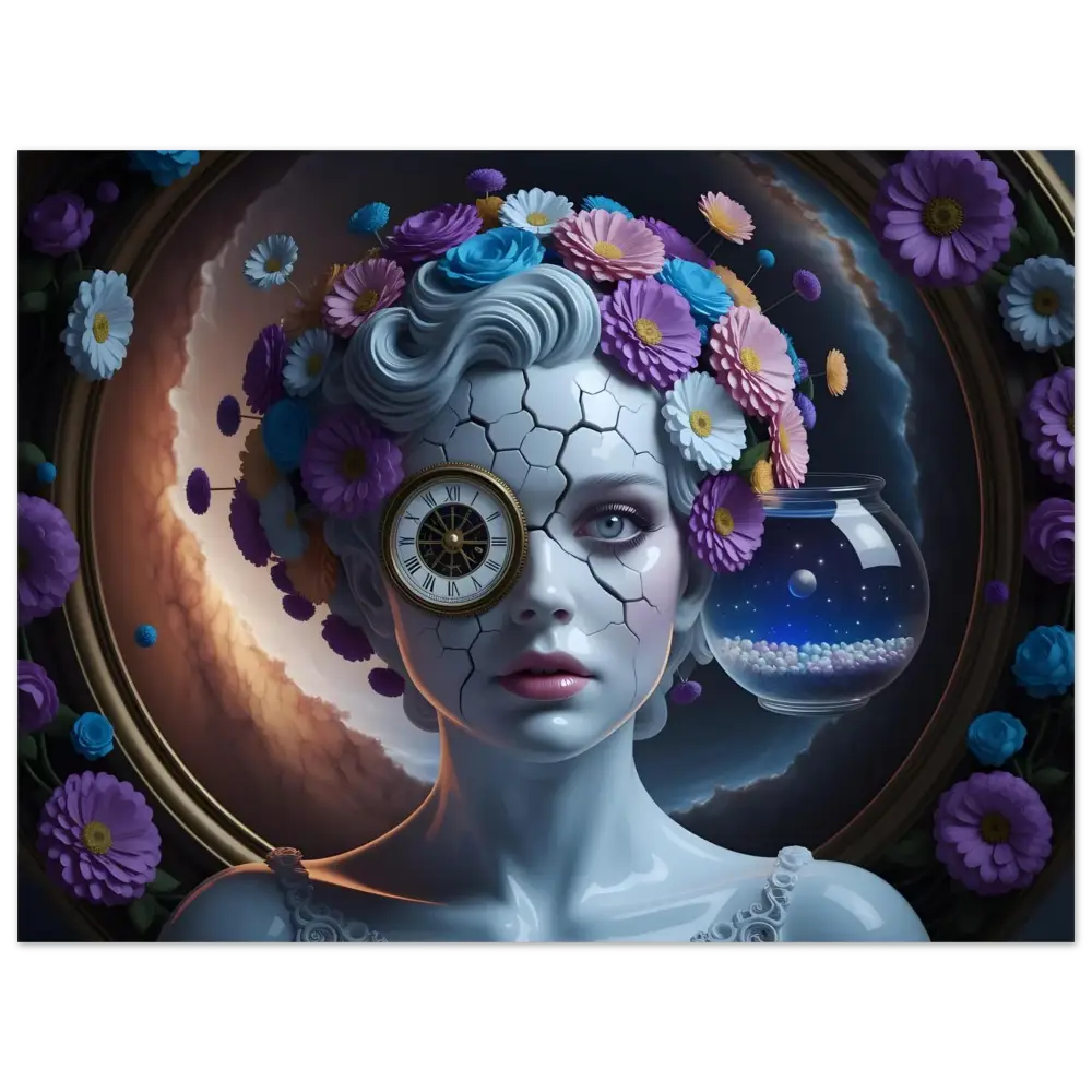 Surreal floral woman with clock eye aluminum print Fractured Time PixiOnyx polished