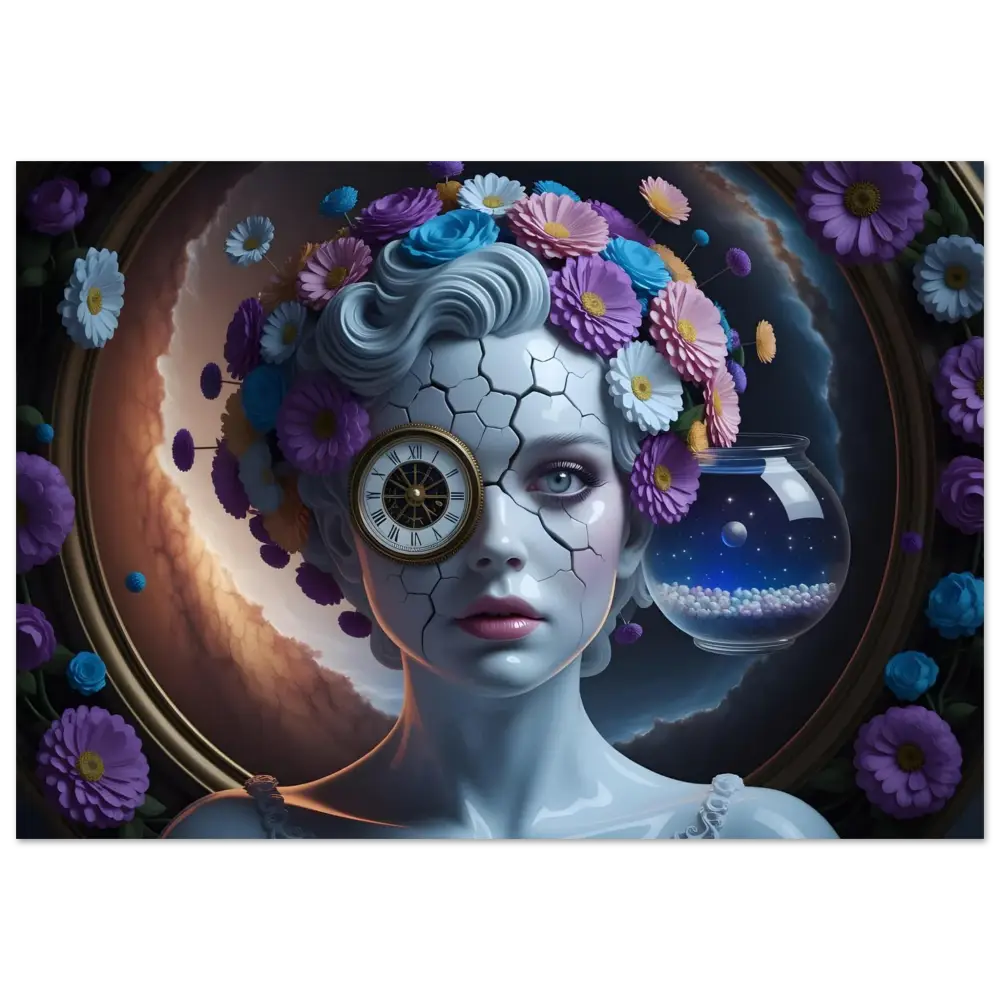 Cracked porcelain woman with floral headdress and clock eye Aluminum Print Fractured Time