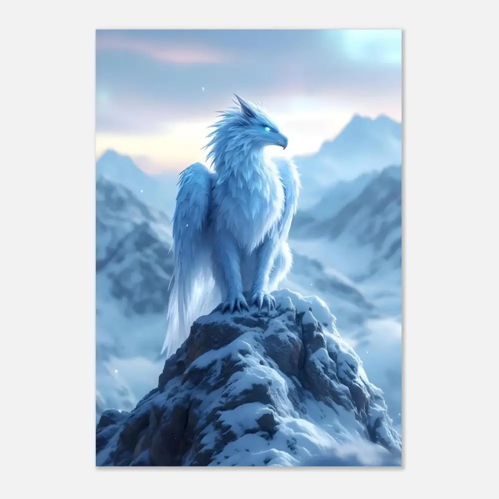 White winged Gryphon perched on snowy peak in ultra-detailed fantasy aluminum print