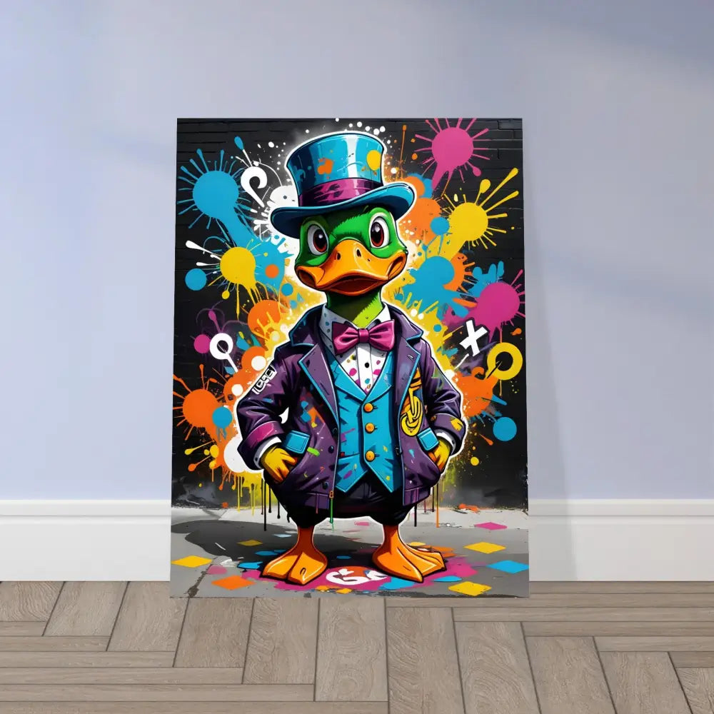 Graffiti art of a Duck in a suit and top hat on Aluminum Print titled Gangster Duck Swagger