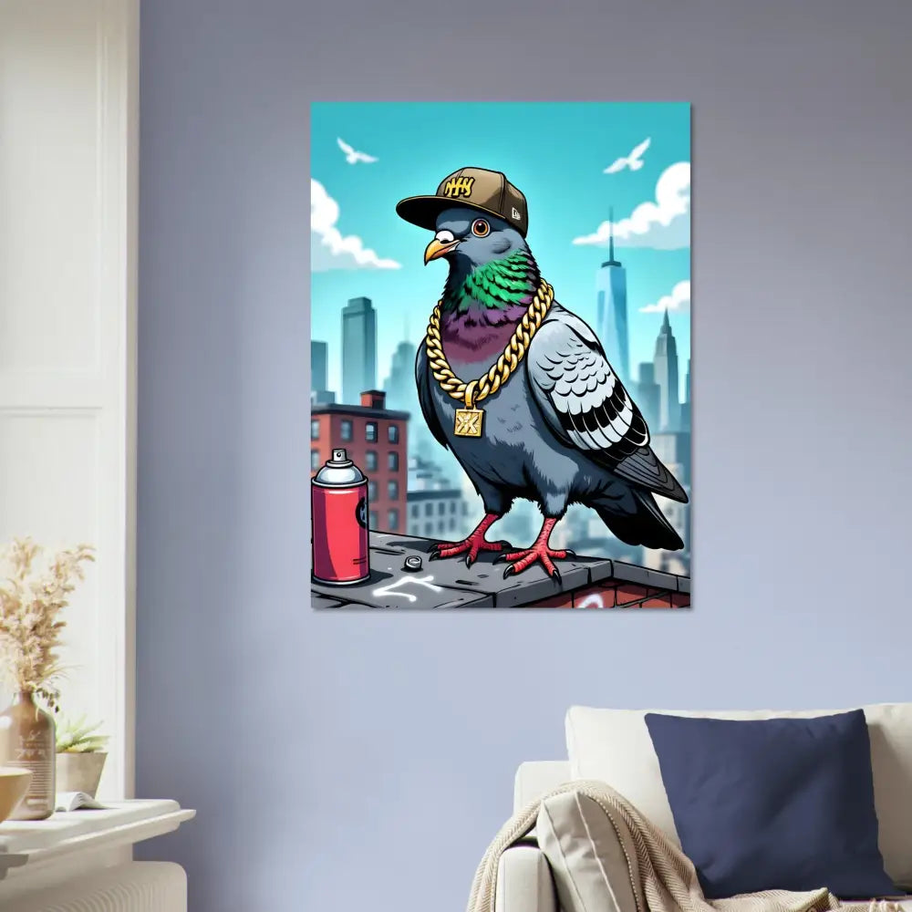 Framed pigeon street art aluminum print titled Gangster Pigeon Skyline by PixiOnyx
