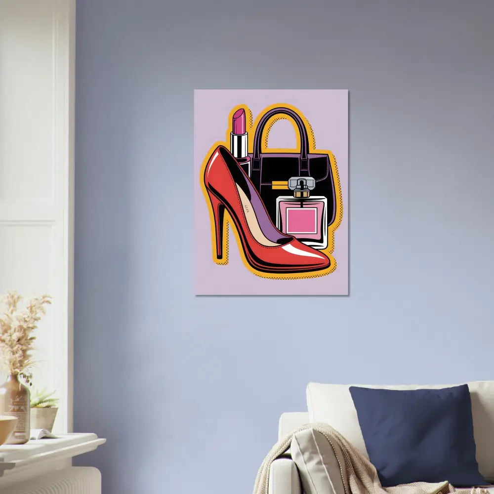 Glam Slam brushed aluminum canvas print of red high heel, black handbag, lipstick, perfume