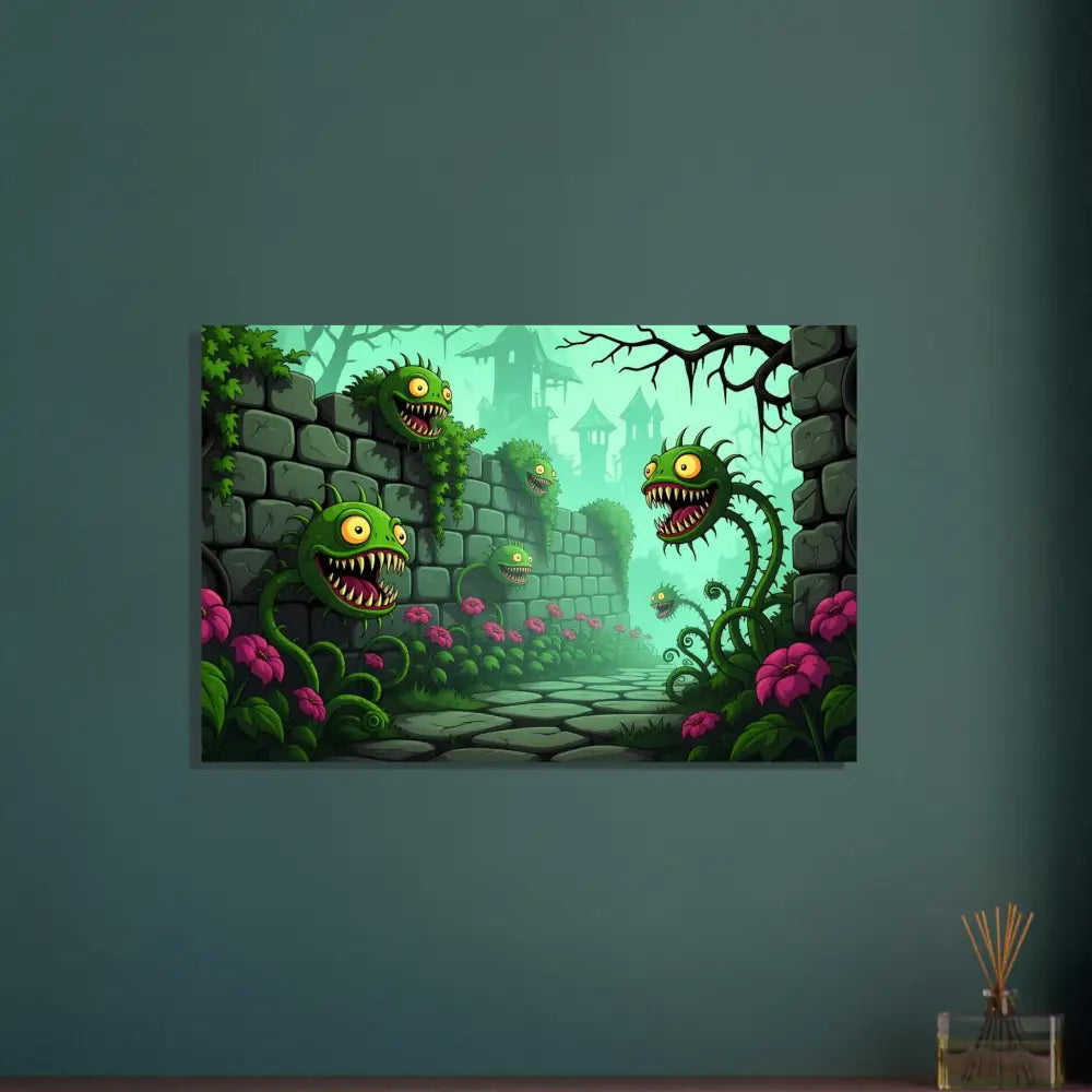 Cartoonish carnivorous plant artwork on Aluminum Print Grinvine Grove PixiOnyx Surreal Fantasy Nature