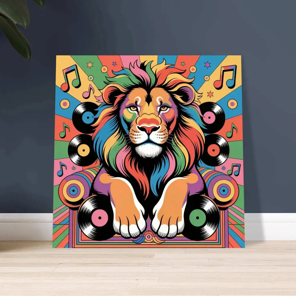 Vibrant pop art aluminum print of Groove King lion with rainbow mane and musical motifs