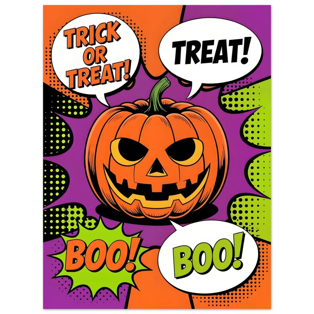 Comic-style Halloween pumpkin with speech bubbles, vibrant Halloween pop art aluminum print