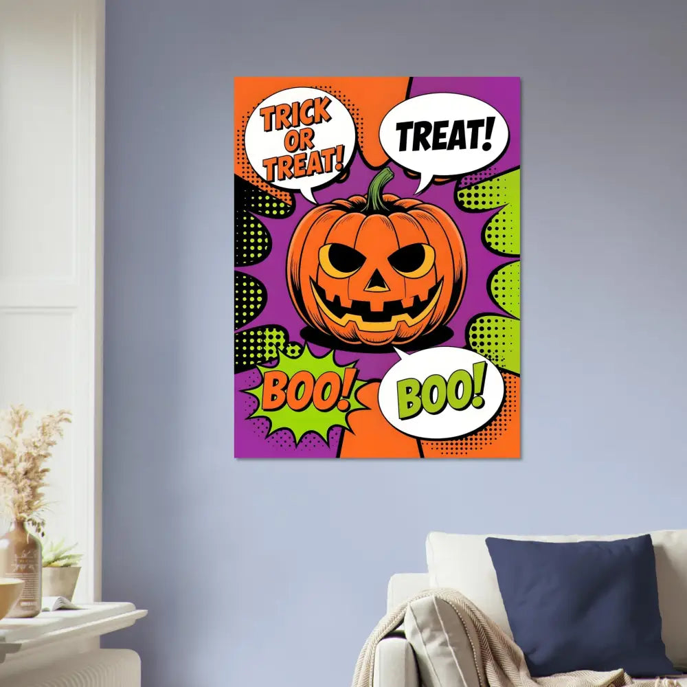 Vibrant Halloween pop art pumpkin canvas print for trick-or-treaters on Aluminum Print PixiOnyx
