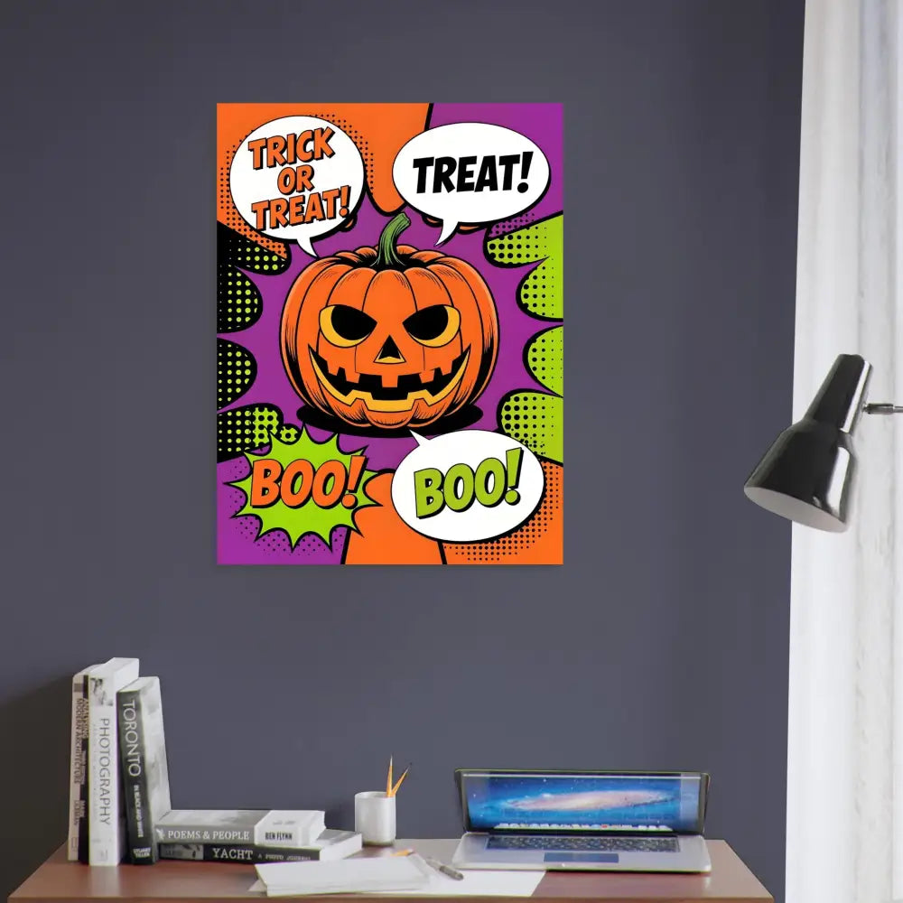 Vibrant Halloween pop art poster with jack-o’-lantern and speech bubbles for Aluminum Print Halloween Pop Art