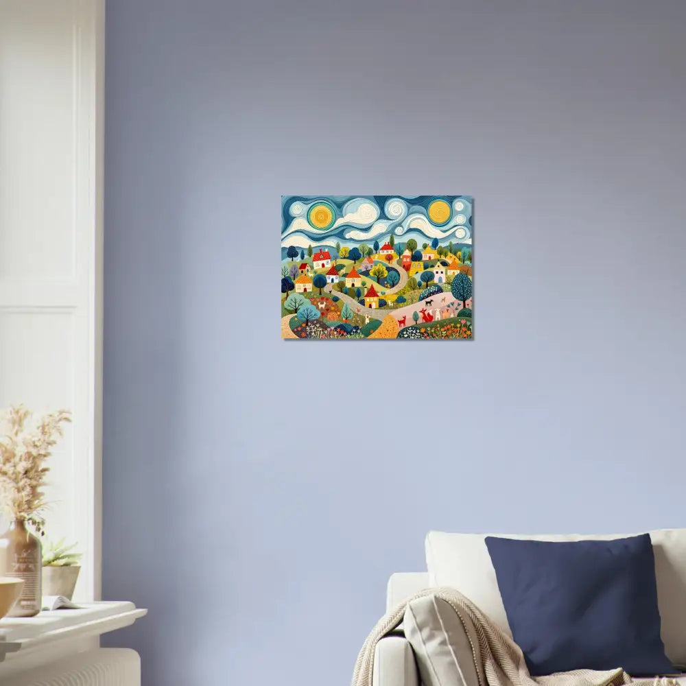 Colorful hillside village painting displayed on Aluminum Print Hillside Harmony PixiOnyx Shinecore Edition