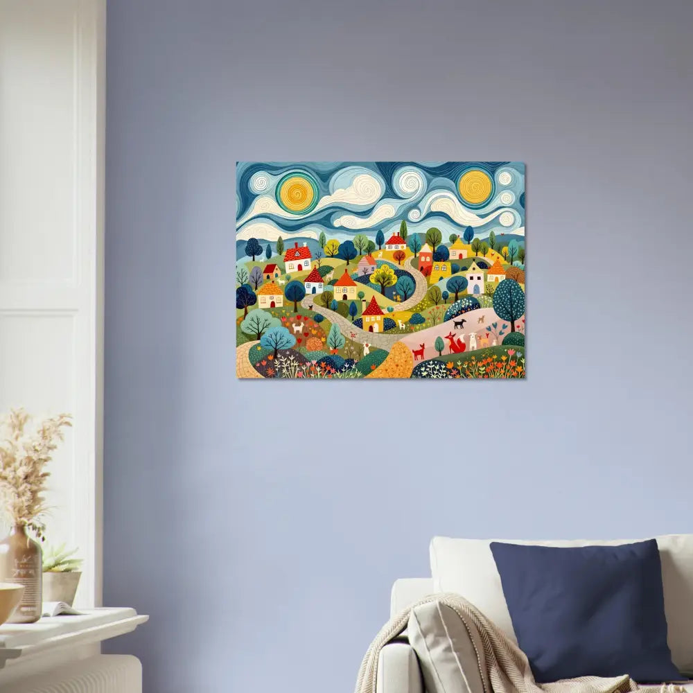 Colorful village painting aluminum print Hillside Harmony PixiOnyx Shinecore Edition