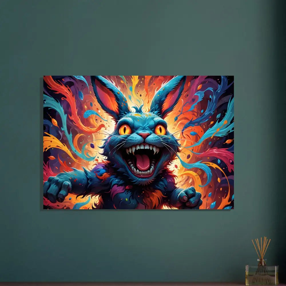 Colorful menacing rabbit artwork on Aluminum Print Inferno Giggle Psycho Cottontail Quartet