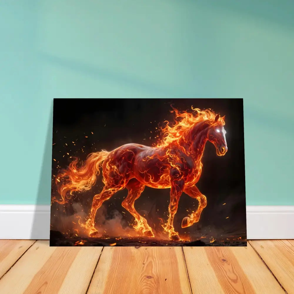 Aluminum print of Inferno Stallion roars with flames, part of PixiOnyx Luminous Fury collection