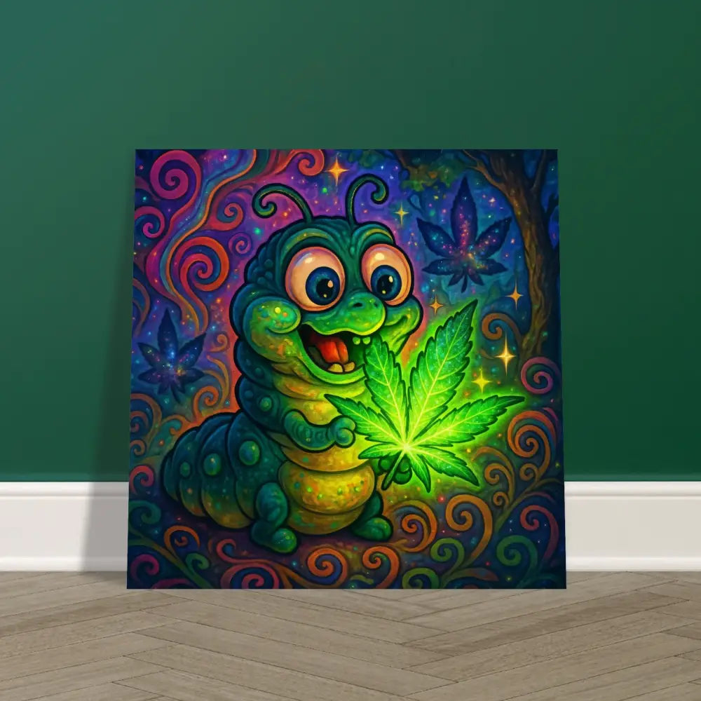 Psychedelic caterpillar art on metallic Aluminum Print Leaf Me Alone by PixiOnyx