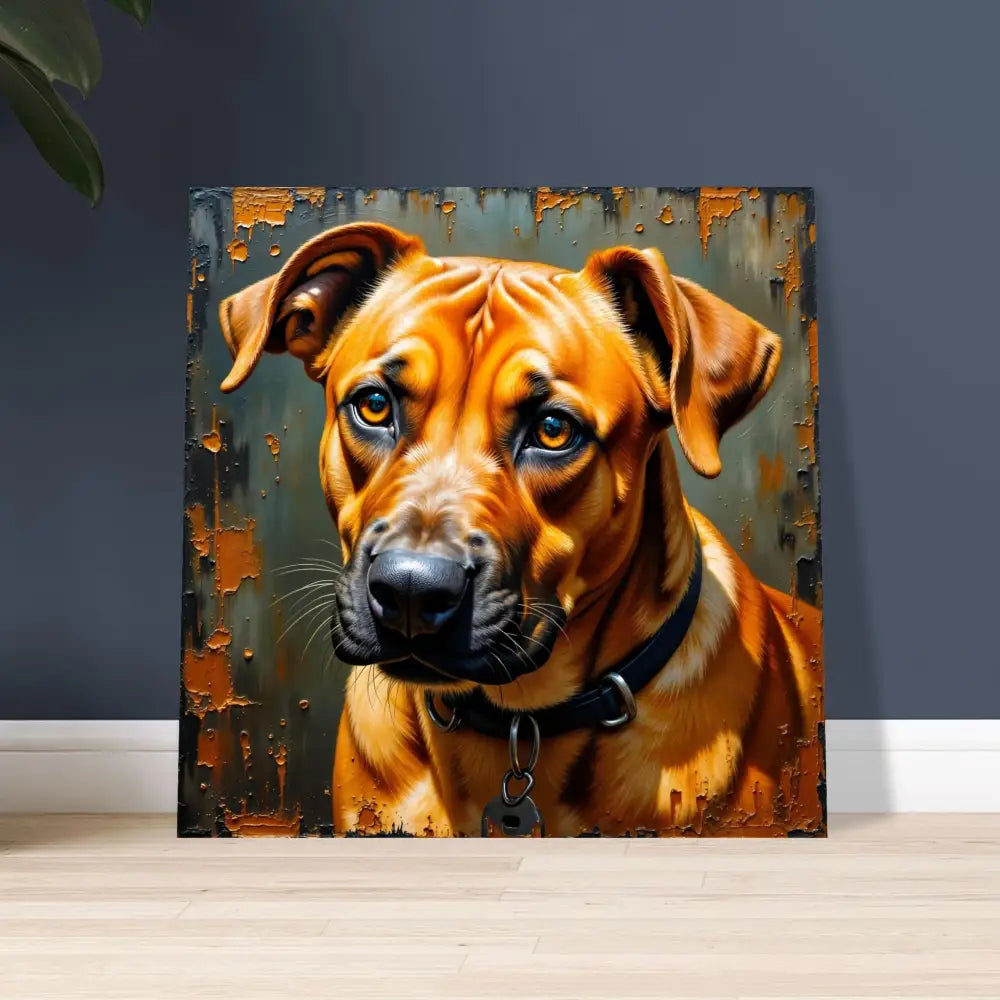 Striking metallic print of Rhodesian Ridgeback portrait showcasing strength meets sentiment on distressed canvas