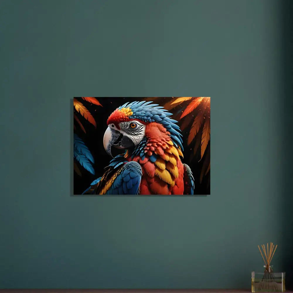 Colorful macaw art print on Aluminum Print Macaw Ascendant by PixiOnyx Nature Alloy